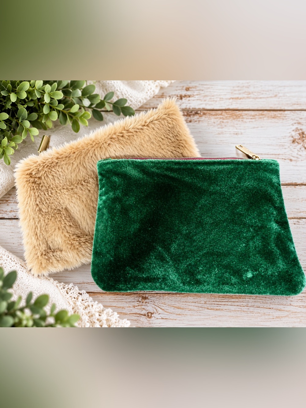 Ipsy Green Velvet and Faux Fur Cosmetic Bags